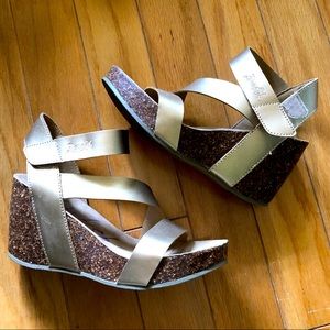 Gold platform wedge heels 7.5 sandals faux leather